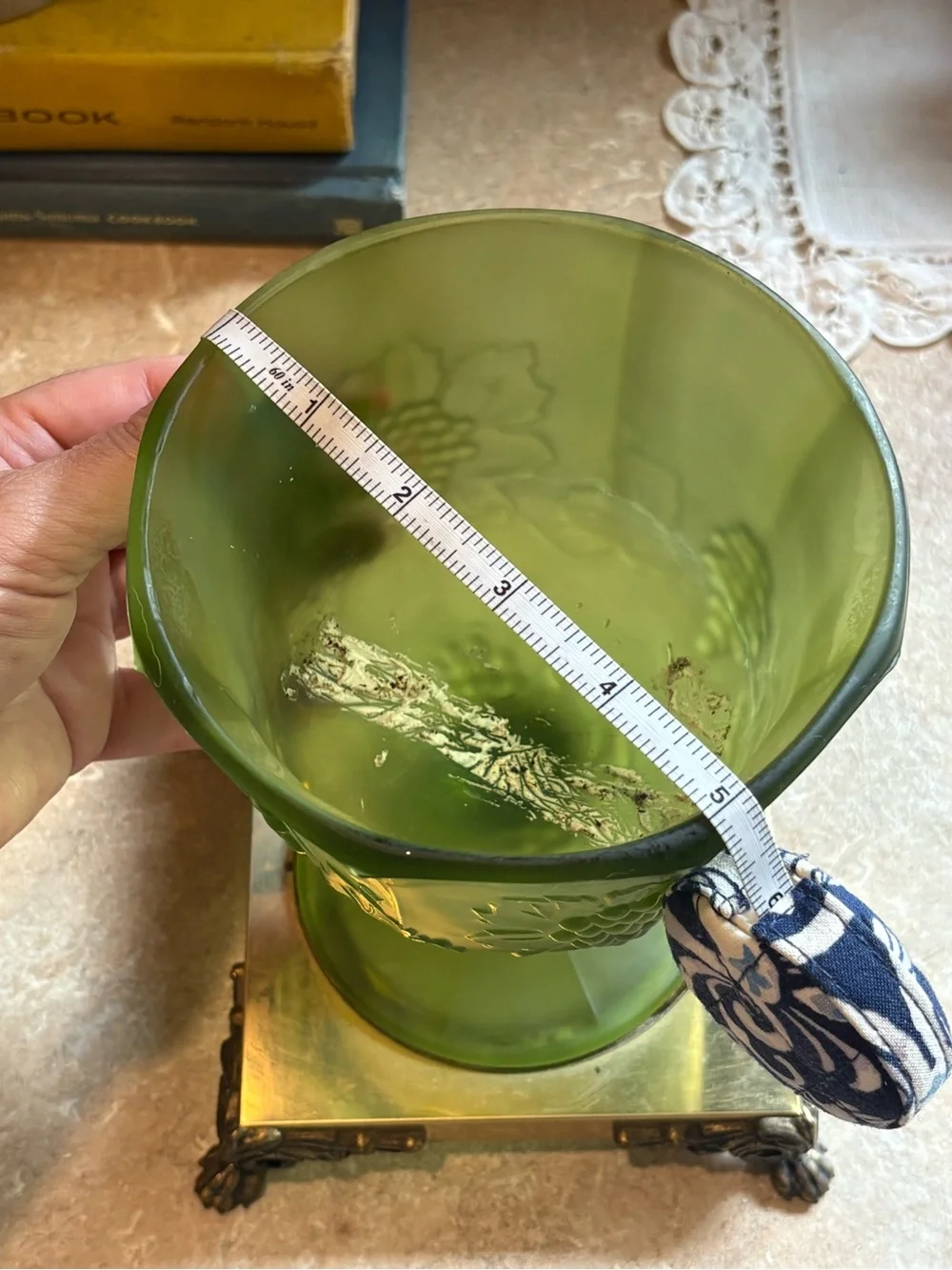 VTG OLIVE GREEN Glass Pedestal Compote with Grape Vine Motif ~ Brass Ornate Base